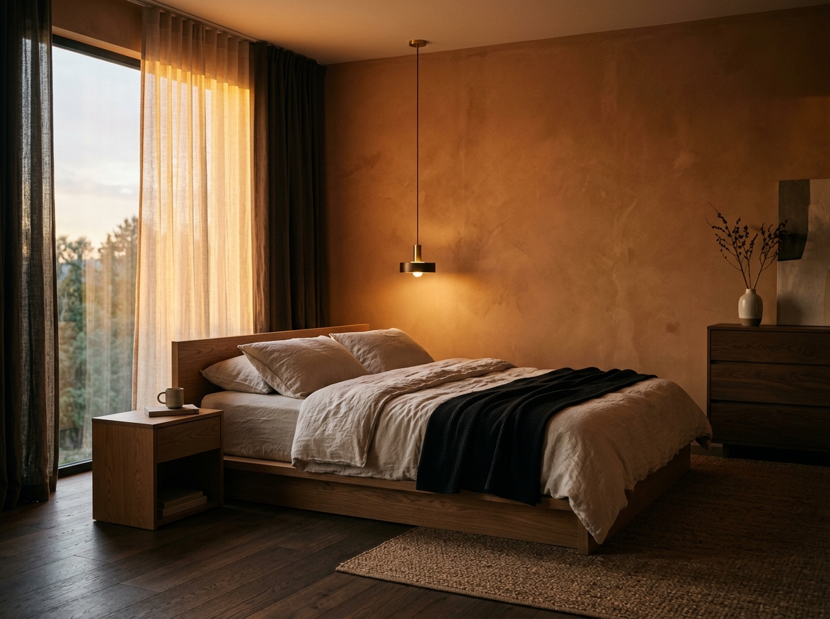 Chambre après rénovation — parquet point de Hongrie restauré, moulages plâtre, tête de lit en acier